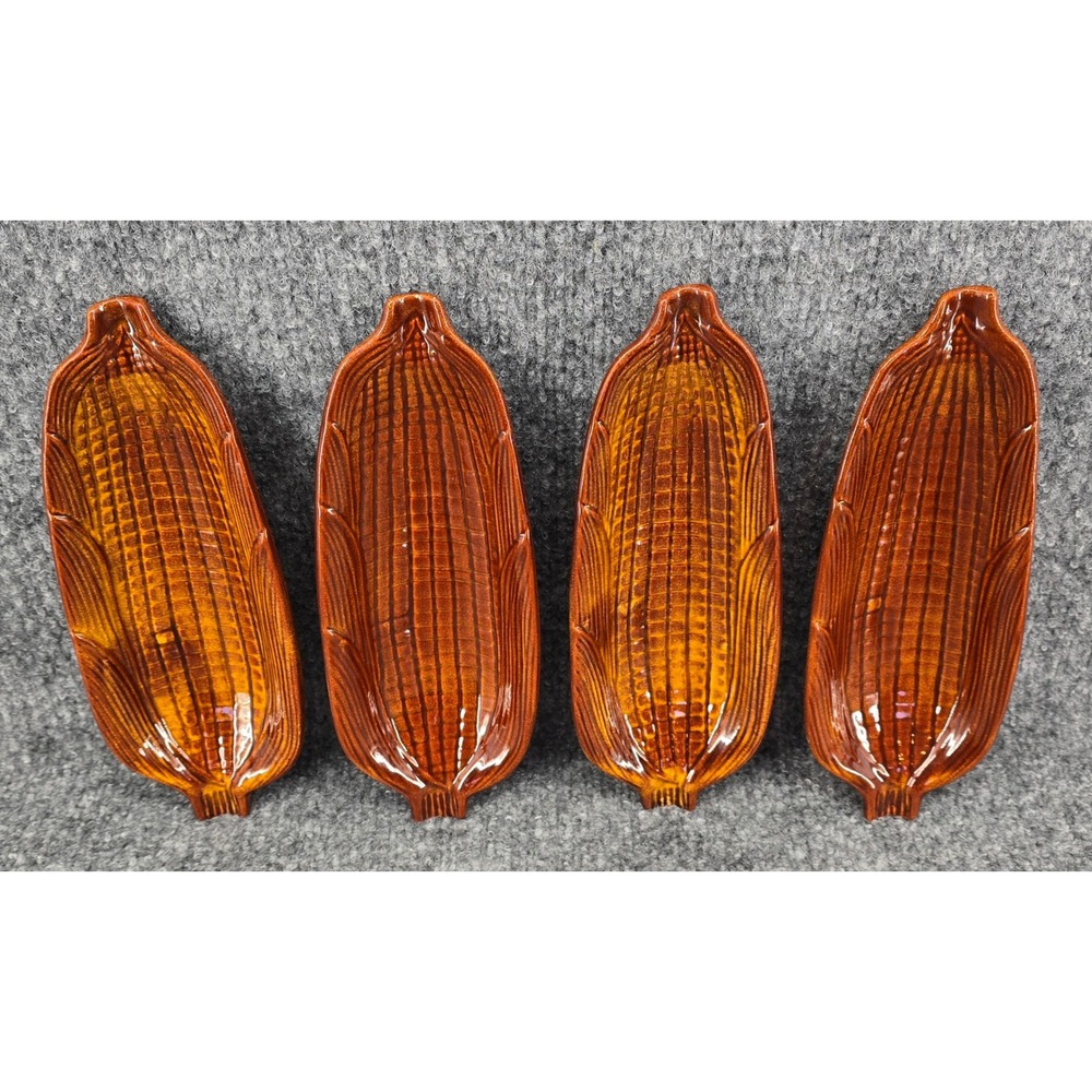 4 Vtg California Pottery USA Corn on the Cob Trays Brown Drip Glaze Ceramic 70s